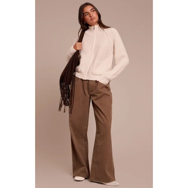 Crème Cardigan En Maille Zippé Avec Détail De Poches