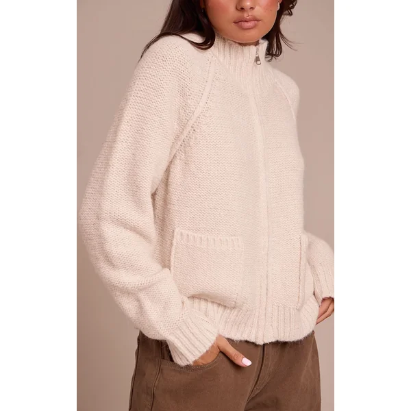 Crème Cardigan En Maille Zippé Avec Détail De Poches