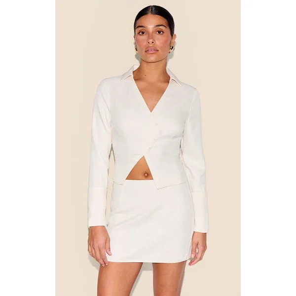 Crème Chemise Asymétrique Boutonnée Texturée Tissée Petite
