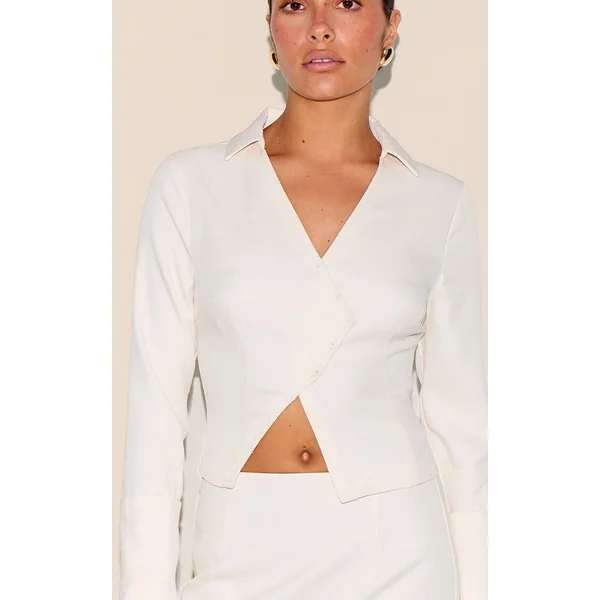 Crème Chemise Asymétrique Boutonnée Texturée Tissée Petite