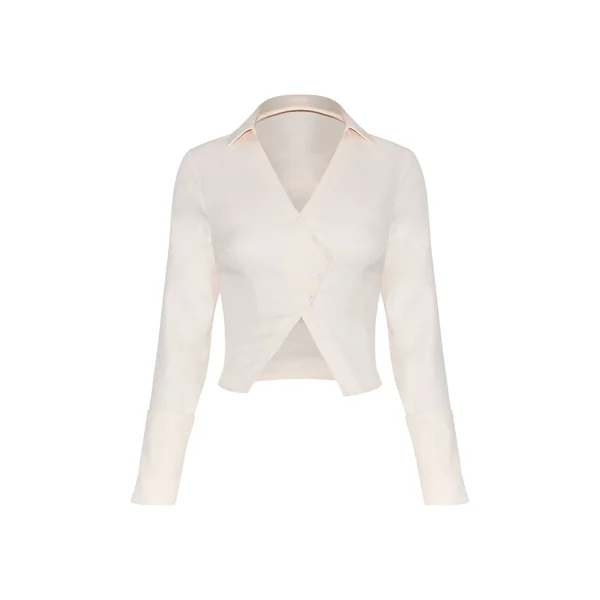 Crème Chemise Asymétrique Boutonnée Texturée Tissée Petite