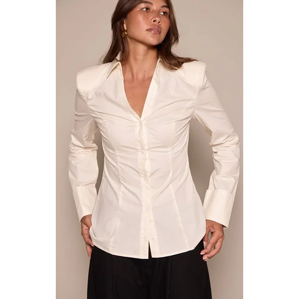 Crème Chemise En Coton À Épaulettes Et Détail De Poignets Froncés