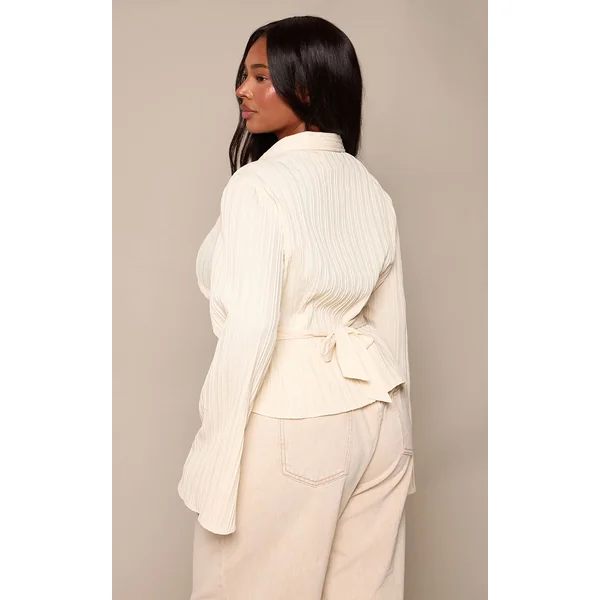 Crème Chemise Grande Taille À Texture Satinée Avec Lien Dans Le Dos