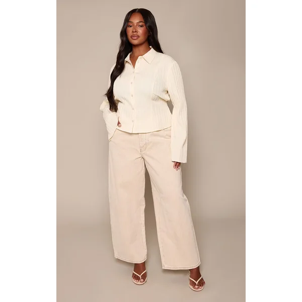 Crème Chemise Grande Taille À Texture Satinée Avec Lien Dans Le Dos