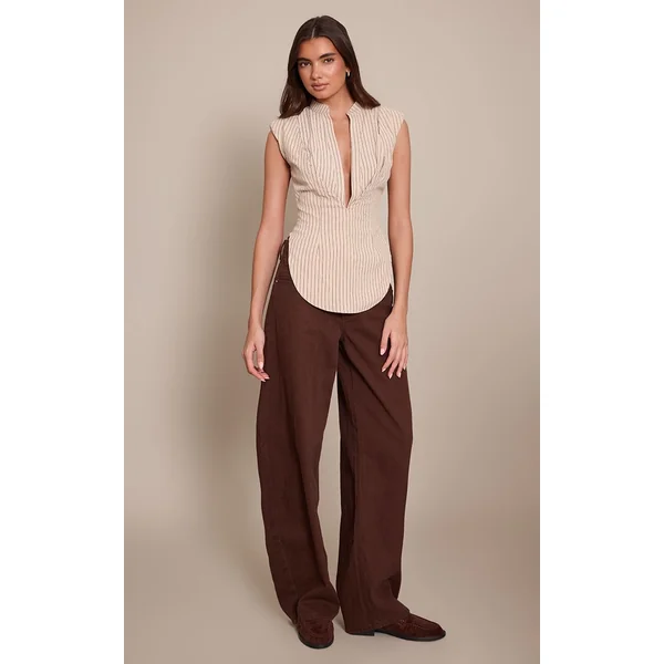 Crème Chemise Sans Manches Ajustée À Rayures Avec Épaulettes
