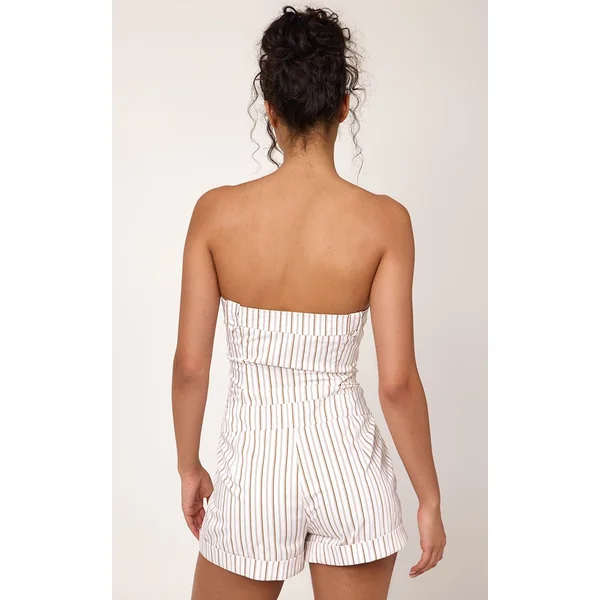 Crème Combinaison-short Bandeau À Rayures Fines Tissées Avec Poches