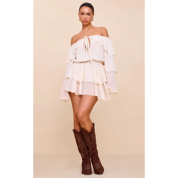 Crème Combishort En Mousseline À Manches Longues Avec Détails À Volants