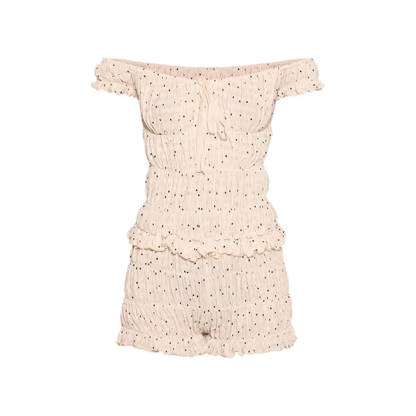 Crème Combi-short Froncé Bardot À Pois