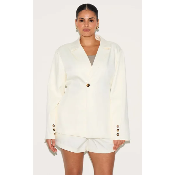 Crème Ensemble Coordonné Grande Taille Blazer Ajusté Tissé Avec Taille Cintrée