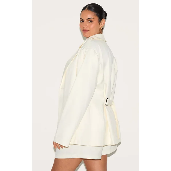 Crème Ensemble Coordonné Grande Taille Blazer Ajusté Tissé Avec Taille Cintrée