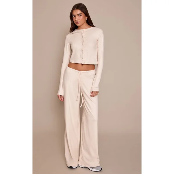 Crème Ensemble Coordonné Pantalon Toucher Doux À Taille Élastiquée