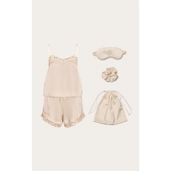 Crème Ensemble De Nuit En Satin Avec Sac Cadeau