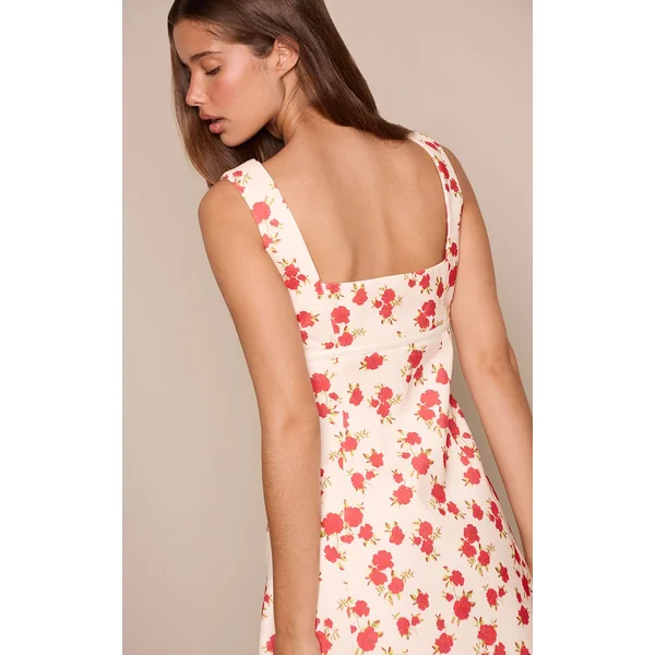 Crème Fleuri Robe Droite Premium En Tissu Tissé Avec Détail Ceinture