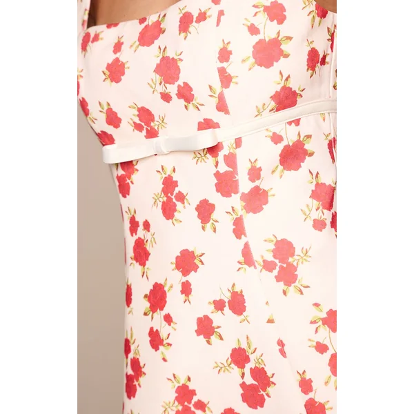 Crème Fleuri Robe Droite Premium En Tissu Tissé Avec Détail Ceinture