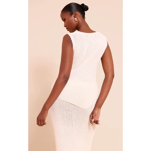 Crème Haut En Maille À Pompons Asymétrique