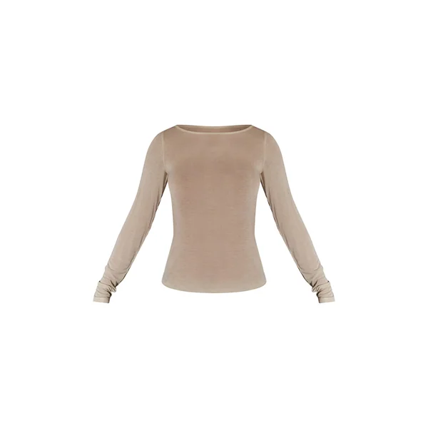 Crème Haut À Manches Longues Col Rond Semi-transparent Toucher Doux