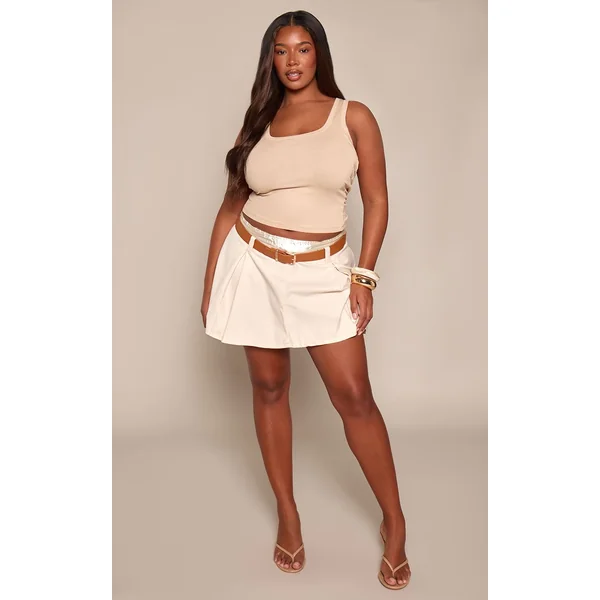 Crème Jupe Courte Ajustée Grande Taille Avec Double Ceinture Et Ceinturon
