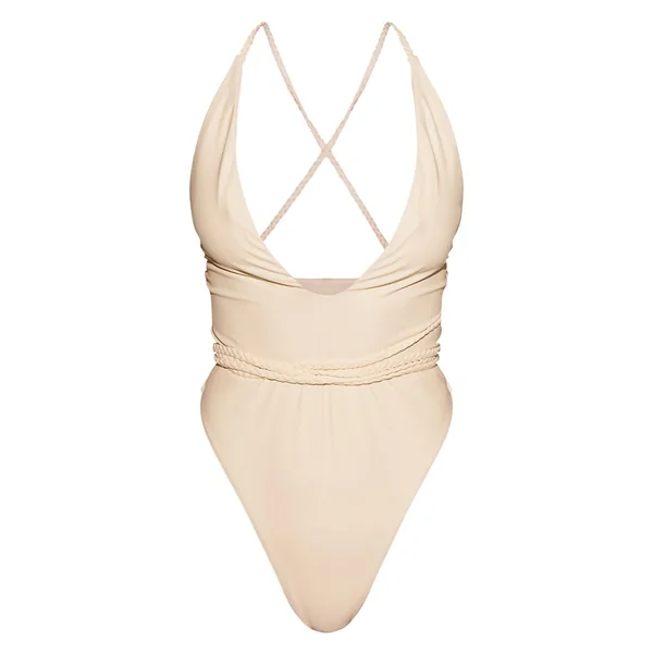 Crème Maillot De Bain Échancré À Bretelles Tressées Et Décolleté Plongeant