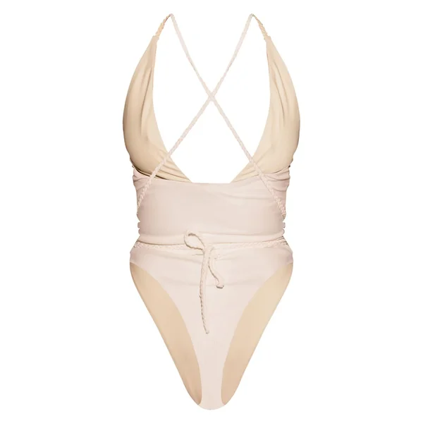 Crème Maillot De Bain Échancré À Bretelles Tressées Et Décolleté Plongeant