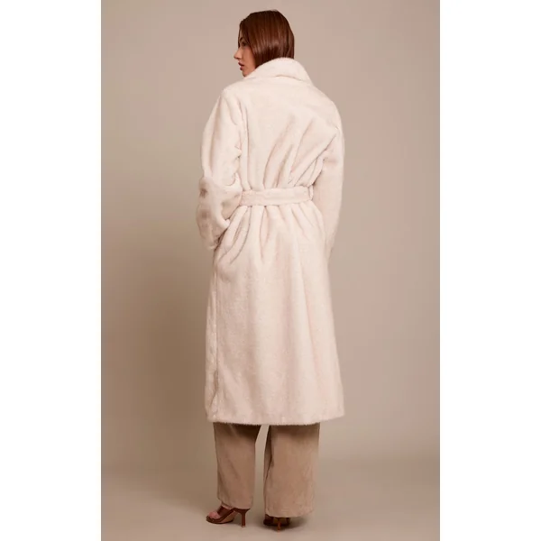 Crème Manteau Long Col Montant En Synthétique