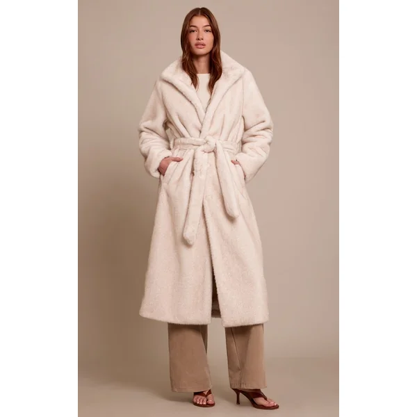 Crème Manteau Long Col Montant En Synthétique