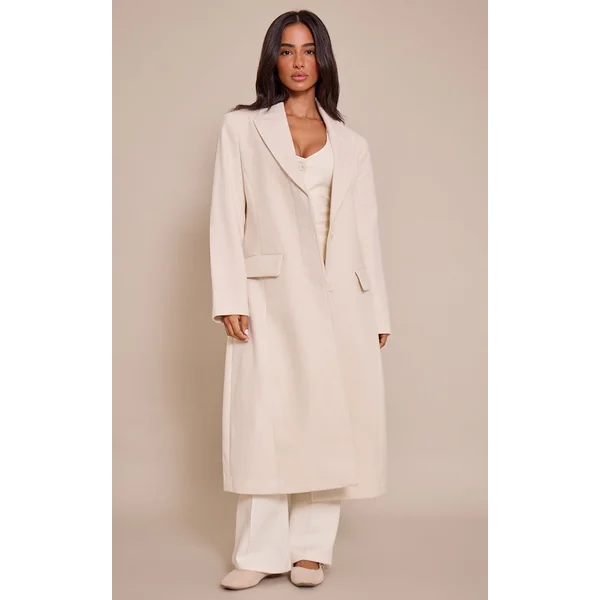 Crème Manteau Maxi Effet Laine Crème À Simple Boutonnage Avec Détails De Coutures Petite Taille