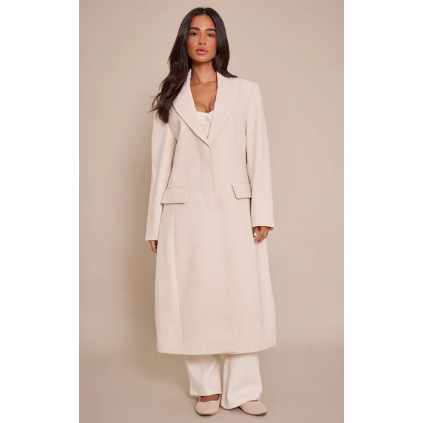 Crème Manteau Maxi Effet Laine Crème À Simple Boutonnage Avec Détails De Coutures Petite Taille