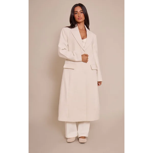 Crème Manteau Maxi Effet Laine Crème À Simple Boutonnage Avec Détails De Coutures Petite Taille