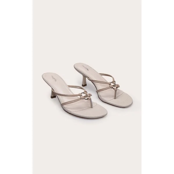 Crème Mules À Talons Avec Bride Orteil Et Anneaux Effet Lin