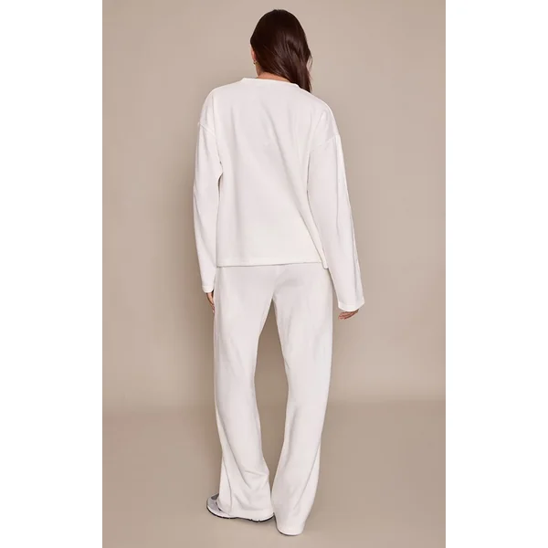 Crème Pantalon De Jogging Droit En Maille Côtelée Douce