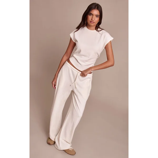 Crème Pantalon Droit En Maille Côtelée