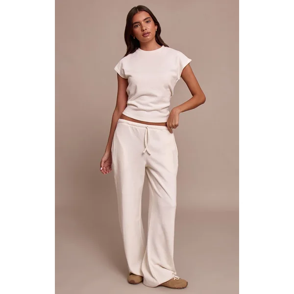 Crème Pantalon Droit En Maille Côtelée