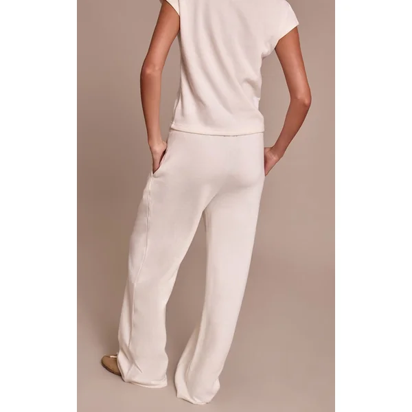 Crème Pantalon Droit En Maille Côtelée