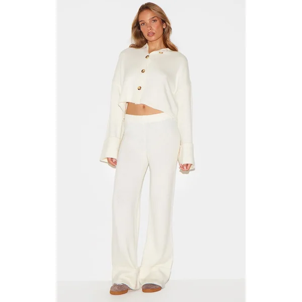 Crème Pantalon En Maille À Ourlet Retroussé