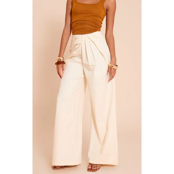 Crème Pantalon Large Ajusté En Tissu Tissé Avec Détail Plissé