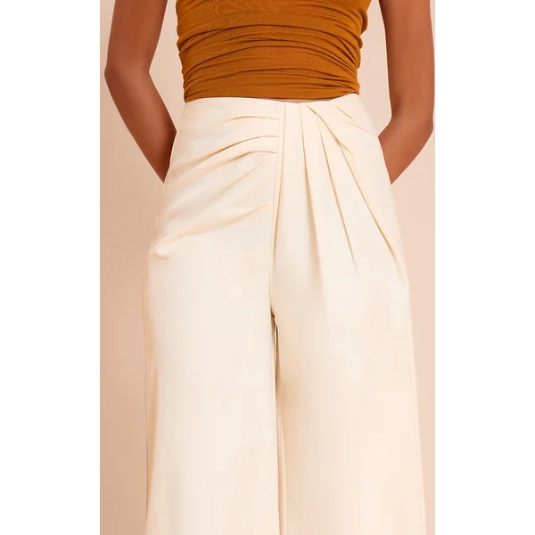 Crème Pantalon Large Ajusté En Tissu Tissé Avec Détail Plissé