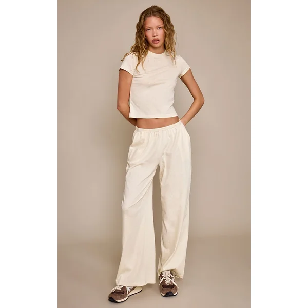 Crème Pantalon Large Décontracté À Texture Douce Et Jambe Ample