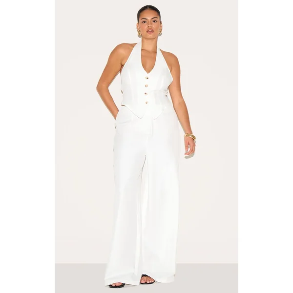 Crème Pantalon Large Tissé Ajusté Grande Taille