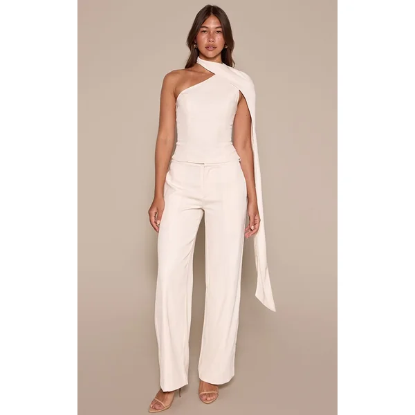 Crème Pantalon Tailleur Tissé Avec Détails De Coutures