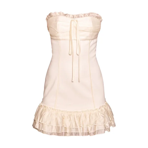 Crème Robe Courte Bustier À Détail Corset Et Ourlet À Volants