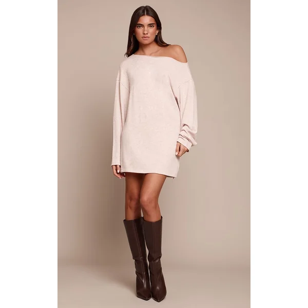 Crème Robe Courte En Jersey À Une Épaule Et Manches Longues