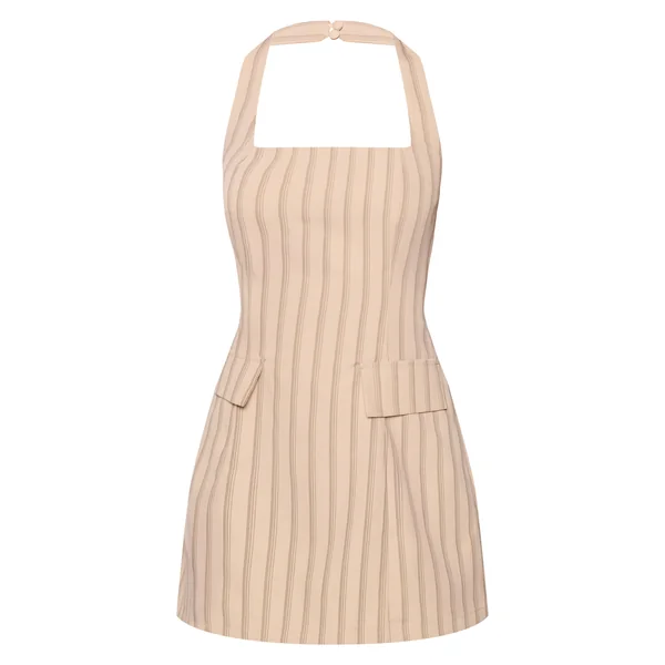 Crème Robe Droite À Rayures Avec Encolure Américaine Et Poches