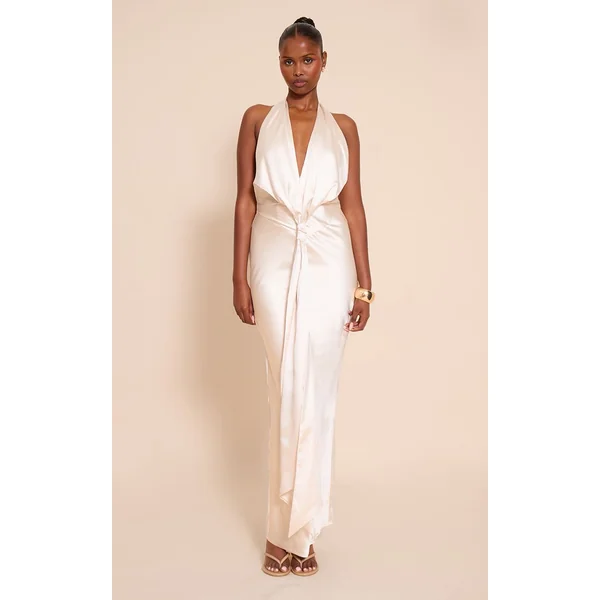 Crème Robe Longue En Satin Avec Détail Nœud