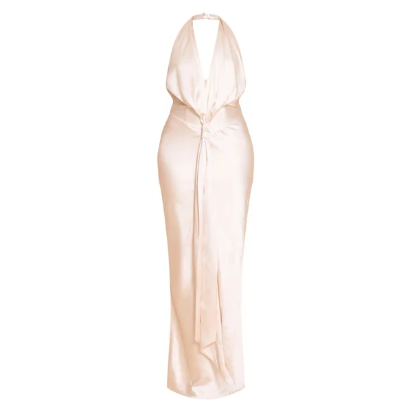 Crème Robe Longue En Satin Avec Détail Nœud