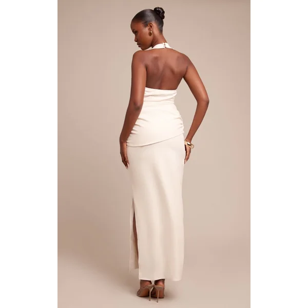 Crème Robe Longue Froncée À Col Nageur
