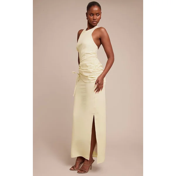 Crème Robe Longue Froncée À Col Nageur