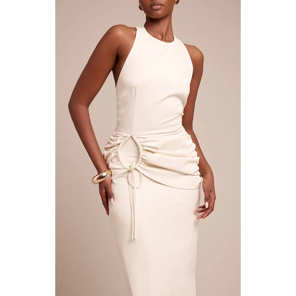 Crème Robe Longue Froncée À Col Nageur
