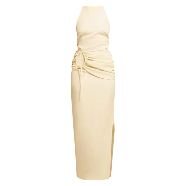 Crème Robe Longue Froncée À Col Nageur