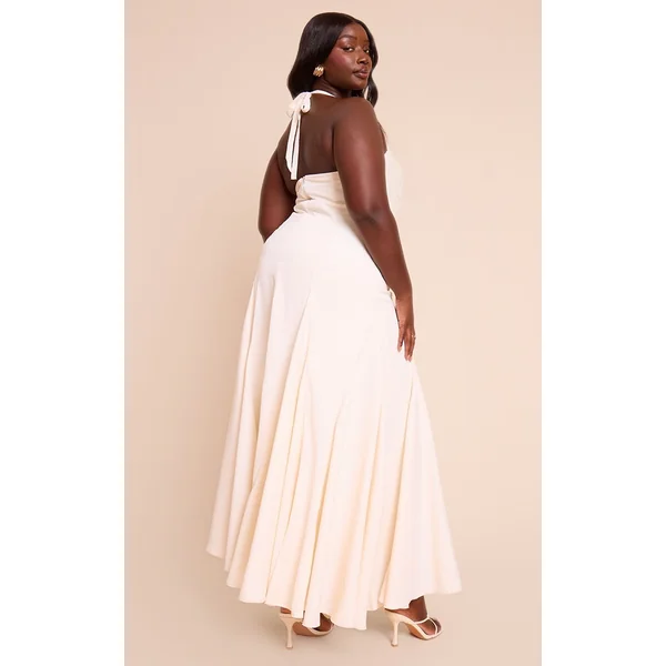 Crème Robe Longue Grande Taille Tissée À Encolure Américaine Avec Détail Froncé Au Buste