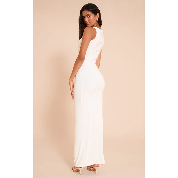 Crème Robe Longue Moulante Sans Manches En Tissu Slinky Avec Finitions Dorées